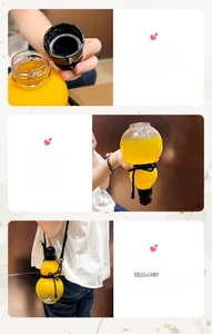 Detail of leak-proof lid with sealing ring and portable strap on yellow gourd water bottle