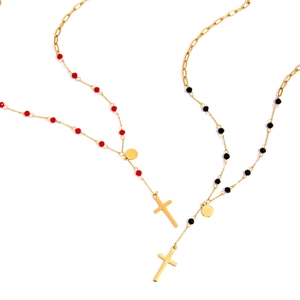 Classic 18K gold-plated stainless steel Y-necklace with black and red glass beads and cross