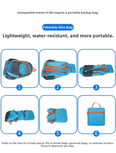 Step-by-step guide showing how to fold the lightweight waterproof sky blue travel backpack