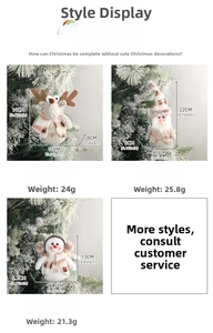 Detailed plush Christmas ornaments hanging on a snowy tree with knitted scarves and buttons
