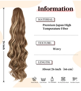 Infographic showing premium wavy ponytail extension material and hair care instructions