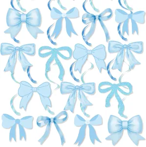 Blue bow-themed party swirls in watercolor and glitter finishes for birthday decorations