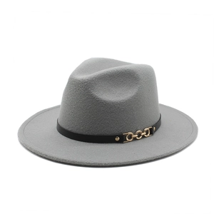 Detail view of grey wool felt fedora featuring black leather band and gold metal chain link