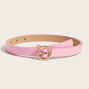 Pink kids belt with golden cat buckle and star perforations on a cream background