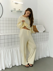 Pyjama femme jaune en maille jacquard cœur, ensemble t-shirt manches longues et pantalon