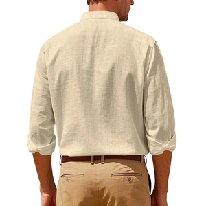 Detail view of the linen blend long sleeve shirt back showing fabric texture and fit