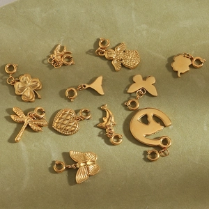 Detailed collection of assorted 18K gold-plated stainless steel charms on green surface