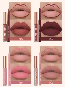 Lip gloss and lip liner set display in shades #05 to #08 with matte nude finish on lips