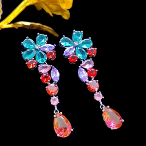 Exquisite floral drop earrings with colorful zircon stones and pear-cut crystal pendants