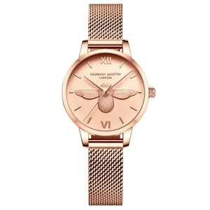 Montre Hannah Martin rose doré pour femme avec relief d'abeille 3D et bracelet en acier