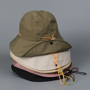 Vertical stack of nylon hiking hats in various colors with adjustable windproof drawstrings