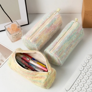 Trousse à crayons tissée arc-en-ciel à grande capacité pour rangement de papeterie scolaire