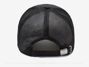 Detail of the breathable black mesh back and adjustable silver metal buckle on the baseball cap