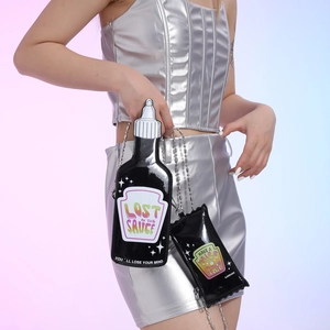 Creative sauce bottle shaped crossbody bag with chain strap and graphic prints