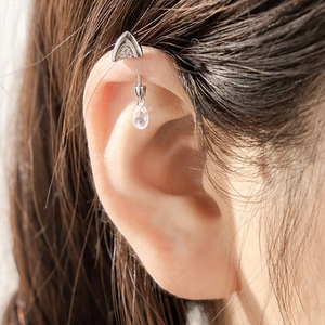 Silver kitten ear cartilage stud with sparkling crystal teardrop pendant in titanium steel
