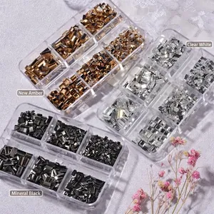 Flatback rhinestones set in rectangular cut with champagne, clear, and black colors