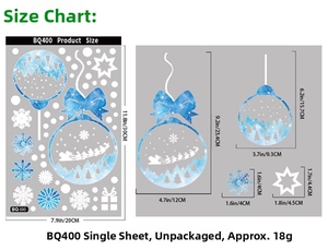 Size specifications for Christmas window stickers showing 20x30cm sheet and various decals
