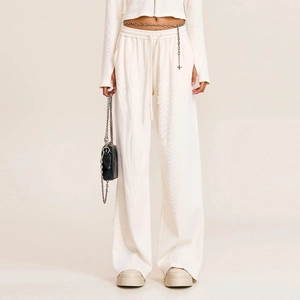 Retro cream white high waist wide leg sweatpants with vertical ribbed knit texture