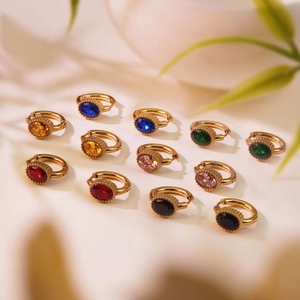 Boucles D'oreilles Créoles Vintage Femmes Acier Inoxydable Plaqué Or Zircone Ovale Colorée Rétro Huggies