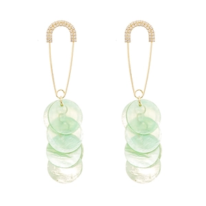 Elegant gold geometric earrings with pavé rhinestones and green shell discs