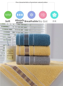 Close-up of three absorbent cotton towels in blue, yellow, and grey with soft loop texture