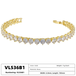 Detailed view of 6mm gold plated tennis bracelet with round white zircons and size chart