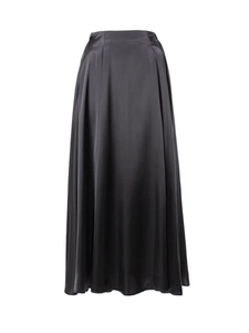 Detail of elegant high waist black satin maxi skirt showing glossy smooth fabric texture