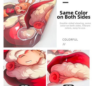 Detail of double-sided Christmas static stickers showing vibrant Santa and reindeer design