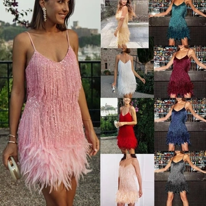 Funkelndes Pailletten-Partykleid mit Fransen und Federn in vielen Farben erhältlich