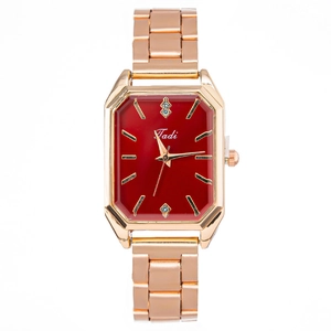 Fashion rectangular quartz watch with red dial and rose gold metal strap for women