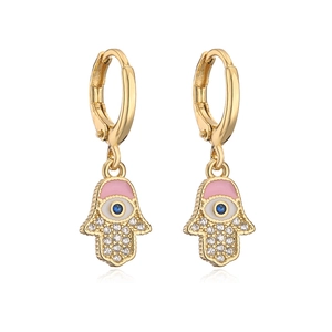 Hamsa hand earrings in 18K gold plated copper with pink enamel and blue zircon eye