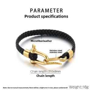 Detailed product specs of black woven leather bracelet with gold horseshoe clasp
