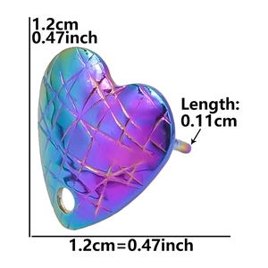 Macro view of iridescent heart stud earring with diamond pattern and dimensions