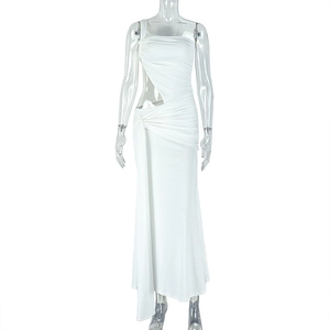 Detail view of white one-shoulder maxi dress featuring side waist cut-out and ruching