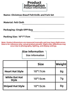 Size chart showing dimensions and weight for Christmas gnome felt cutlery holder sets