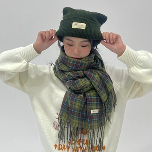 Retro green plaid scarf and matching knit hat with cute ear details for winter warmth