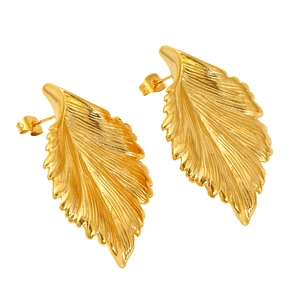 Elegant gold leaf-shaped titanium steel stud earrings with detailed vein texture
