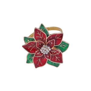 Christmas poinsettia napkin ring with red enamel petals and crystals on gold base
