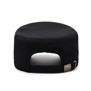 Men's black flat top military cap with adjustable sport buckle back view detail
