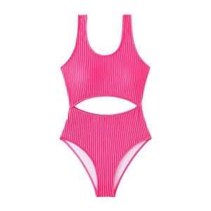 Women's rose pink ribbed one-piece swimsuit featuring a central oval cutout design