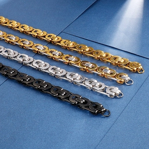 Byzantine chain necklaces in gold, silver, and black finish on blue background
