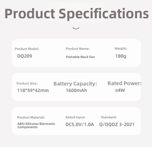 Detailed specifications of portable neck fan with 1600mAh battery and 180g lightweight design