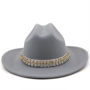 Classic gray wool fedora hat featuring a white band with silver studs and rhinestones