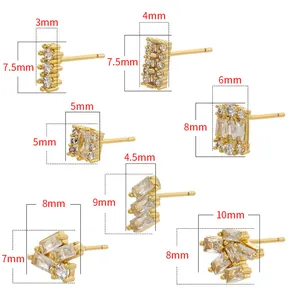 Size chart showing dimensions of 18K gold plated geometric stud earrings with zircons