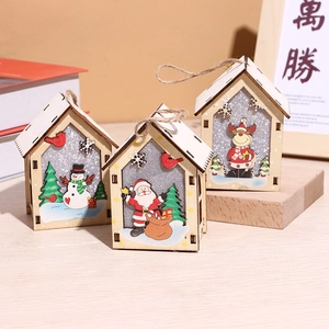 Christmas Glowing Wooden House Ornaments LED Light Up Cabin Hanging Pendant Santa Snowman Reindeer Festive Decor