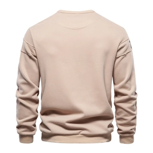 Men's loose round neck long sleeve sweatshirt in apricot with back view studio shot