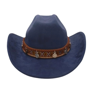 Navy blue western cowboy hat detail featuring ethnic woven band and silver coin charms