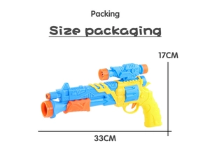 Vista dettagliata della pistola giocattolo ad aria colorata con dimensioni 33x17 cm