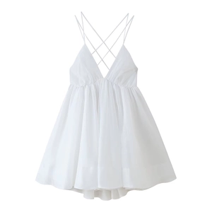 Sexy white A-line mini dress with V-neckline and crisscross back straps on white background