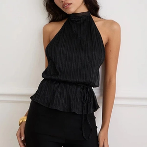Halter Neck Pleated Top Sleeveless Backless Peplum Hem Ribbed Knit With Metallic Glitter Thread Sexy Slim Fit Party Wear